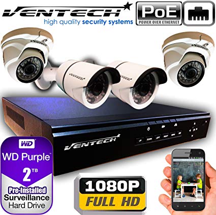 VENTECH POE Security Camera System 8CH NVR 1080P CCTV Kit with 2 Dome and 2 Bullet Cameras Outdoor (2.0MP) 2TB H-Drive, Easy Remote Smartphone Access,100ft Night Vision