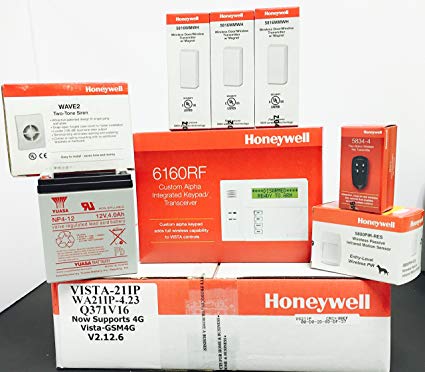 Honeywell Vista 21IP, 6160RF Keypad, (3) 5816WMWH, 5800PIR-RES, 5834-4, Battery and Siren Kit Package