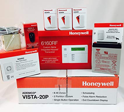 Honeywell Vista 20P, 6160RF Keypad, (3) 5800MINI Door/Window Sensors, 5800PIR-RES Motion, 5834-4 Keyfob, Battery, Siren, Jack and Cord Kit Package (5811 Replacement)