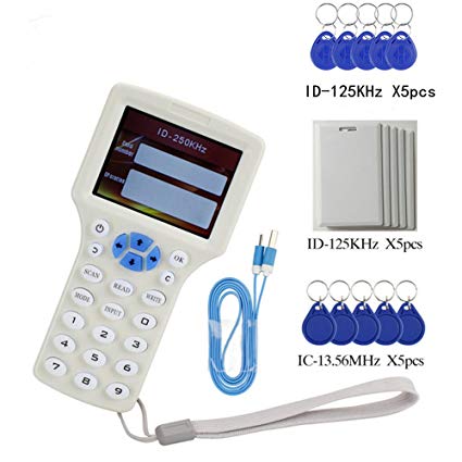 RFID NFC Card Copier Reader Writer duplicator English 10 Frequency Programmer for IC ID Cards and All 125kHz Cards +5pcs ID 125khz cards+5pcs ID 125kh keyfobs+5pcs 13.56mhz UID key +1USB