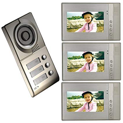 CUSAM 7 Inch Color TFT-LCD Screen 4-Wire Video Door Phone Intercom System Doorbell Kit 1 Camera 3 Monitors