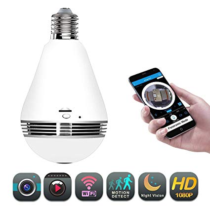 WIFI Camera Bulb VR Panoramic Bulb Camera with 360 Degree Fisheye Lens Wireless Camera for home Led Lights Bulb for Home Security System Camera Android IOS APP White