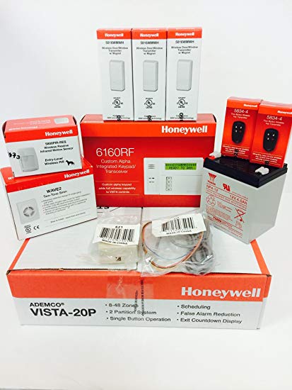 Honeywell Vista 20P, 6160RF, (3) 5816WMWH, (2) 5834-4, 5800PIR-RES, Battery, Siren, Jack and Cord Kit Package