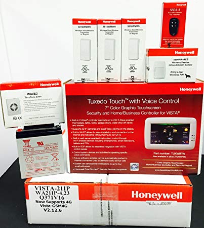 Honeywell Vista 21IP, Tuxedo Wifi Keypad, (3) 5816WMWH, 5800PIR-RES, 5834-4, Battery and Siren Kit Package