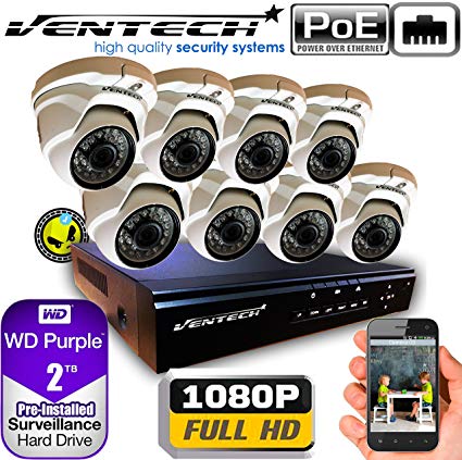 VENTECH POE Security Camera System 8CH NVR 1080P CCTV Kit with 8 Dome Cameras Outdoor (2.0MP) 2TB H-Drive, Easy Remote Smartphone Access,100ft Night Vision