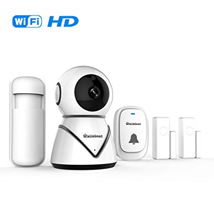 eLinkSmart WiFi Camera Kit Home Security Pan Tilt Camera System with 2 Pack Door/Window Sensors and PIR Detector Wireless Doorbell Night Vision Two Way Audio