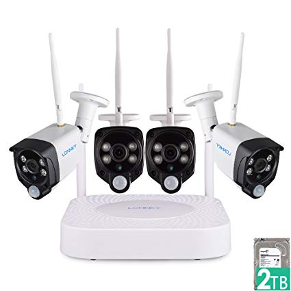 LONNKY Wireless Security Camera System, 4CH Full HD 1080P WiFi NVR Surveillance System 2TB HDD, 4Pcs 2.0MP Weatherproof Bullet Camera with PIR Sensor, 80ft Night Vision, Audio Recording