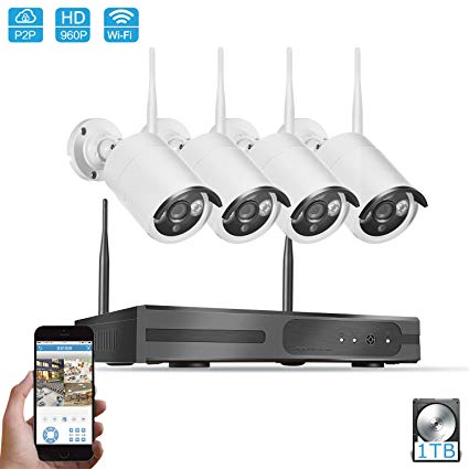 Security Camera System Wireless,4PCS Megapixel 960P Wireless Outdoor IP Camera System 100ft (30m) Night vision with 4CH Video Security ITB HDD Support Smartphone Remote view