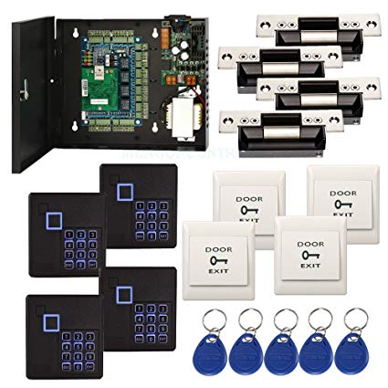 4 Doors Complete TCP/IP RFID Access Control Systems with North American Standard Electric Strike for Latch Doors Keypad Reader 110V Power Supply Box