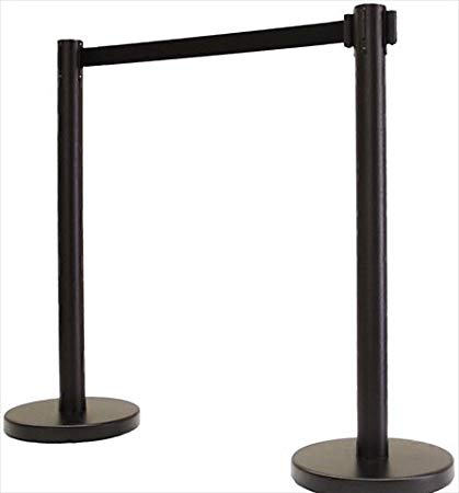 VIP Crowd Control 1100-10 14 in. Flat Base Black Post & Cover Retractable Belt Stanchion - 10 ft. Black Belt44; Pack of 2