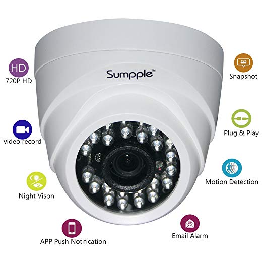 Sumpple Wired/Wireless Wi-Fi 720P Indoor Ip Video Dome Camera, Network Security Camera, Night Vision, Motion Detection, Video Record for Home, Office, Business, Support iOS, Android or PC White