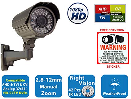 Evertech Full HD 1080P 2.1MP Bullet Outdoor Security Camera with IR LED Night Vision Indoor Outdoor Waterproof Manual Zoom 4 in 1 AHD TVI CVI and Traditional Analog DVRs w/Free CCTV Warning Sign